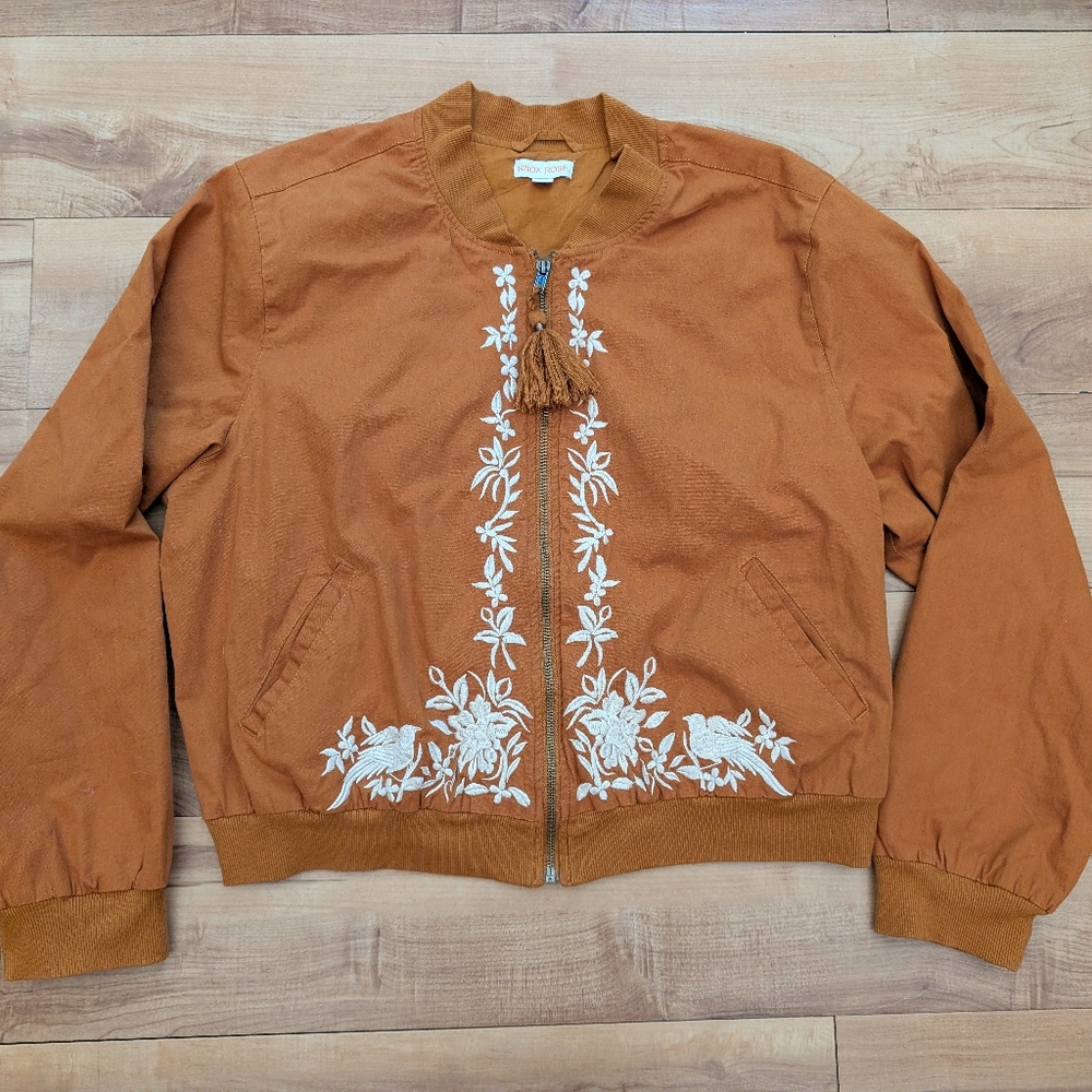 Knox Rose Rust Embroidered Floral & Birds Cotton Bomber Jacket Sz XXL 2X